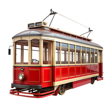 Vintage red streetcar on tracks, a nostalgic symbol of historic urban transportation