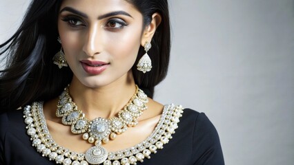 A beautiful Indian girl model showing gorgeous diamond jewellery for advertising purposes, beauty and fashion concept