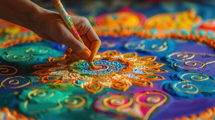 Obraz premium An artist carefully arranges colored sand to form a stunning mandala, focusing on intricate designs in a tranquil studio environment