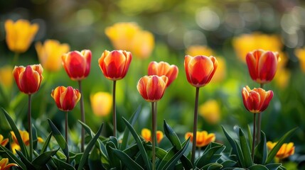 A field of red and yellow tulips
