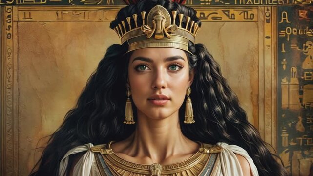 Portrait of a beautiful woman princess in traditional Egyptian clothing in an ancient Egyptian temple. Cleopatra or Nefertiti Queen of Egypt.