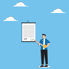 Survey or feedback opinion, checklist of completion or questionnaire form, evaluation or assessment review, checkbox clipboard concept, businessman complete survey with lightbulb pencil