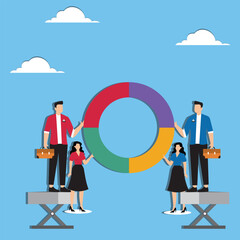 Employee participation, partnership or collaboration to success, teamwork or team effort for business development, statistic or analytics concept, business people colleagues help building pie chart