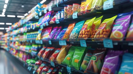 Fototapeta premium Colorful Snack Aisle Filled With Various Products in a Grocery Store
