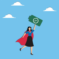 Full battery recharge, full energy to work or refresh from exhaustion, burnout recover, fuel employee or productive and efficient concept, energetic businesswoman superhero carry full recharge battery