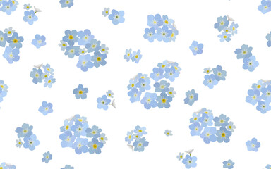 seamless pattern with forget-me-not flowers, delicate small blue flowers of Myosotis on a white background. Use for patterns on fabric, bed linen, greeting cards, posters, etc. Vector illustration