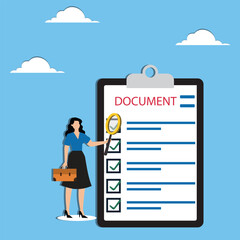 Inspect or review document, report or legal audit, quality assurance, search for document, information or research, investigate, proof or checking concept, magnifier inspect document