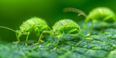 Fototapeta premium macro graphy of green aphids on a leaf - nature's tiny wonders.