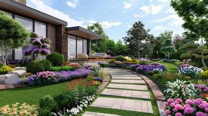 Fototapeta premium A Beautifully Landscaped Garden Featuring Vibrant Flowers and Pathway