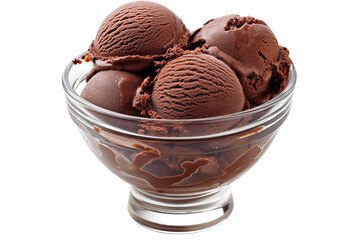 chocolate ice cream in glass bowl on white background