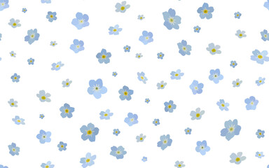 seamless pattern with forget-me-not flowers, delicate Myosotis flowers on a white background. Use for patterns on fabric, bed linen, advertising, posters, etc. Vector illustration