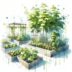 Vegetable Paradise: Watercolor Illustration of a Garden with Cucumber Rows