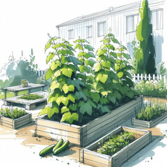 Eco Gardening: Watercolor Sketch of Cucumber Plants in a Sustainable Garden