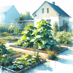 Architectural Beauty: Watercolor Illustration of a Garden Filled with Cucumbers