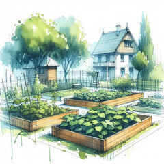 City Gardening: Watercolor Sketch of Cucumber Plants in an Urban Setting