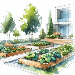 Green Thumb: Watercolor Architectural Drawing of a Flourishing Cucumber Patch