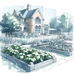 Urban Oasis: Watercolor Sketch of a City Garden with Cucumber Plants