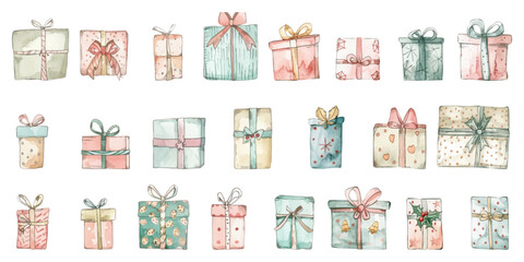Obraz premium Set of hand drawn Christmas gift boxes isolated on white background.