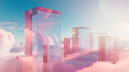 Fototapeta premium white background with a gradient of light blue and pink with translucent glass windows in the shape of bar charts, perfect as a background or graphic element for marketing materials.
