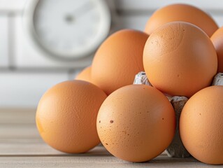 fresh brown eggs in a carton on a wooden table with a white tile background.