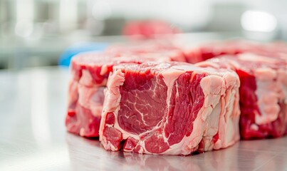 fresh raw beef shanks on stainless steel countertop for butcher shop display - close-up macro graphy.