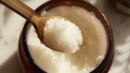 A spoon is scooping organic coconut oil from a jar, showcasing its creamy texture against a bright, natural backdrop