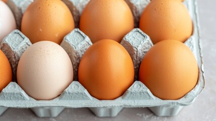 closeup of fresh brown and white chicken eggs in a cardboard carton, organic farm produce, healthy breakfast ingredient, dietary protein, kitchen pant
