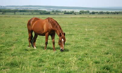 Horse grazing peacefully in lush green field, Generative AI