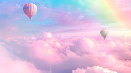 Fototapeta premium A serene pastel sky with soft clouds and a rainbow, featuring whimsical hot air balloons floating in the background, atmosphere of tranquility and fantasy