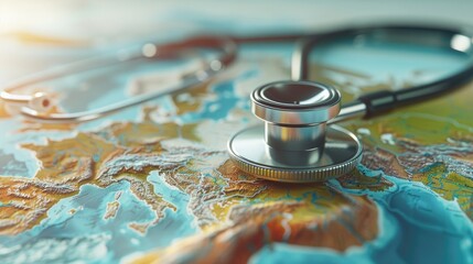 Exploration Of Global Health Care With A Stethoscope On A World Map