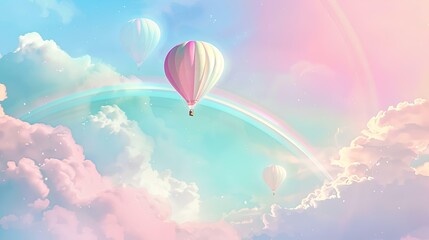 Obraz premium A serene pastel sky with soft clouds and a rainbow, featuring whimsical hot air balloons floating in the background, atmosphere of tranquility and fantasy