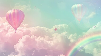 Fototapeta premium A serene pastel sky with soft clouds and a rainbow, featuring whimsical hot air balloons floating in the background, atmosphere of tranquility and fantasy