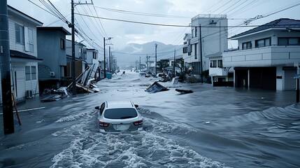 A dramatic image of a tsunami wave carrying debris and cars through a flooded city street