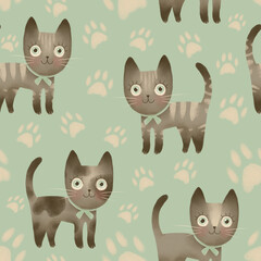 seamless pattern of cute cartoon cats on a green background