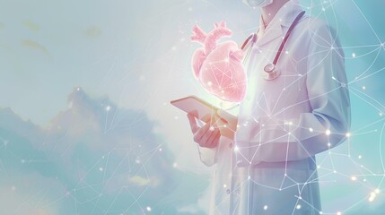 digital illustration visual of heart in the hands and chest, stethoscope on it, doctor holding digital tablet with glowing white mesh screen, light blue sky background