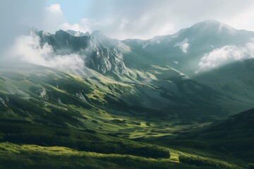 Majestic mountain landscape with lush greenery and soft clouds.