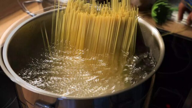 Spaghetti being added to boiling water on a kitchen stove. Cooking pasta for a homemade Italian dinner in a stainless steel pot for a delicious meal. Traditional culinary, home cooking. 4K video