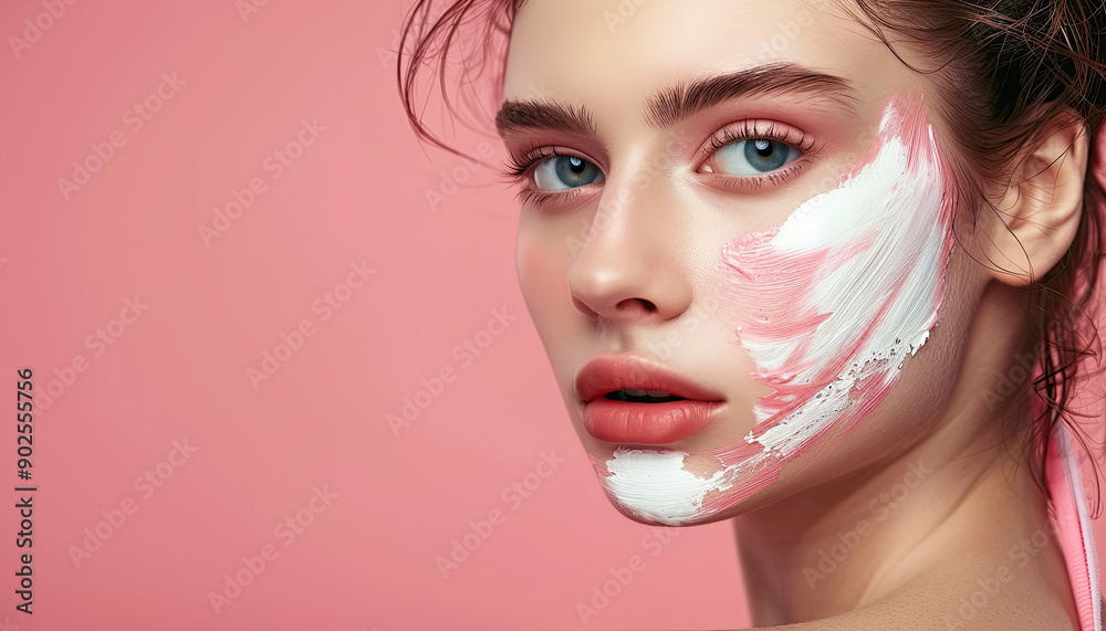 Poster close-up portrait of a young woman with blue eyes, a natural look, and pink face cream applied artistically on her cheek against a pink background