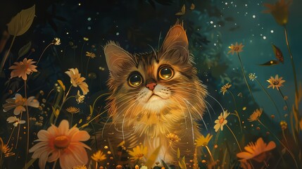 A Kitten Gazing Up at the Night Sky Amongst Flowers