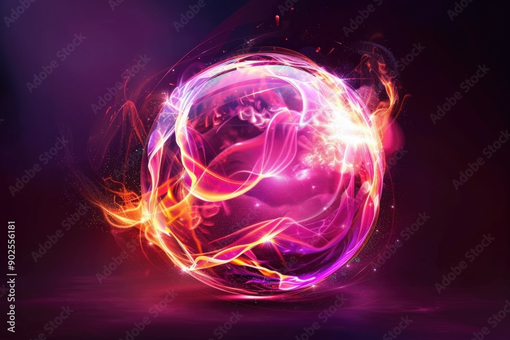 Poster a bright glowing ball surrounded by a swirling light, ideal for use in futuristic or sci-fi themed p