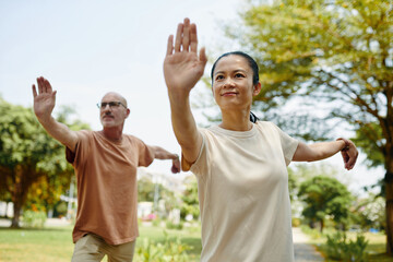 Two individuals practicing Tai Chi in a serene park setting, engaging in synchronized movements...