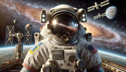 Side view, an astronaut on the moon with the moon behind him.