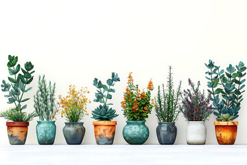 Illustration with indoor flowering plants.A set of indoor flowering plants in a multicolored illustration.