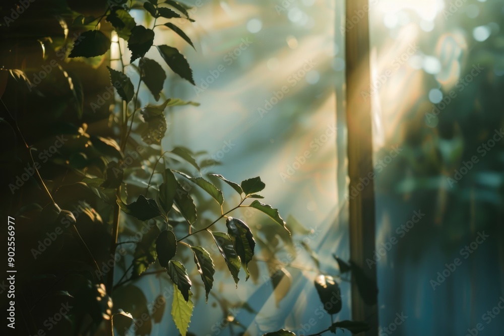 Poster sunlight shines through the leaves of a plant, creating a warm and inviting atmosphere