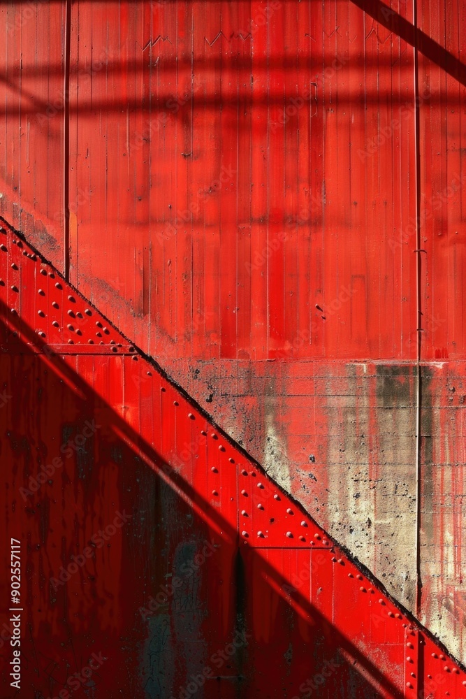 Poster a close-up view of a red metal staircase, suitable for use in interior design, architecture or indus