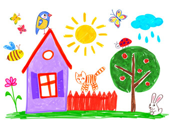 Felt pen hand drawn vector illustrations set of child drawing of summer landscape with house, flowers and trees
