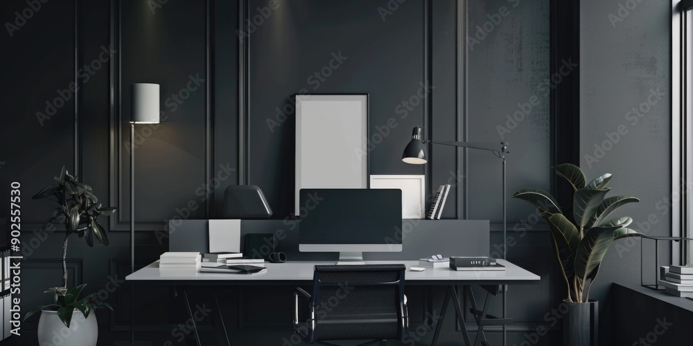 Poster A simple office space with a desk and computer in a monochrome color scheme