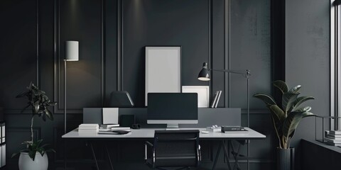A simple office space with a desk and computer in a monochrome color scheme