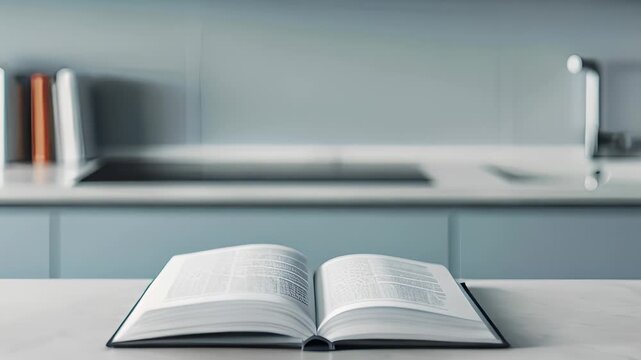 cookbook on a kitchen counter with modern decor, sink, and plant in the background, portraying culinary inspiration.
