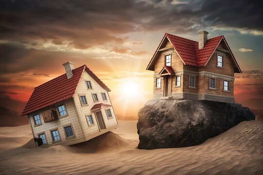 A home built on the beach as opposed to one built on a rock. The wise and stupid builders' parable. Matthew's gospel. Taking Absorb and applying the lessons that Jesus taught. dusk sky
